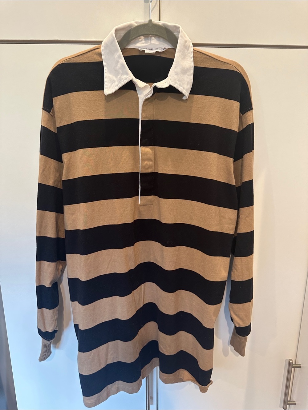 Good American Striped Long-Sleeve Rugby Shirt Dress - Black & Tan